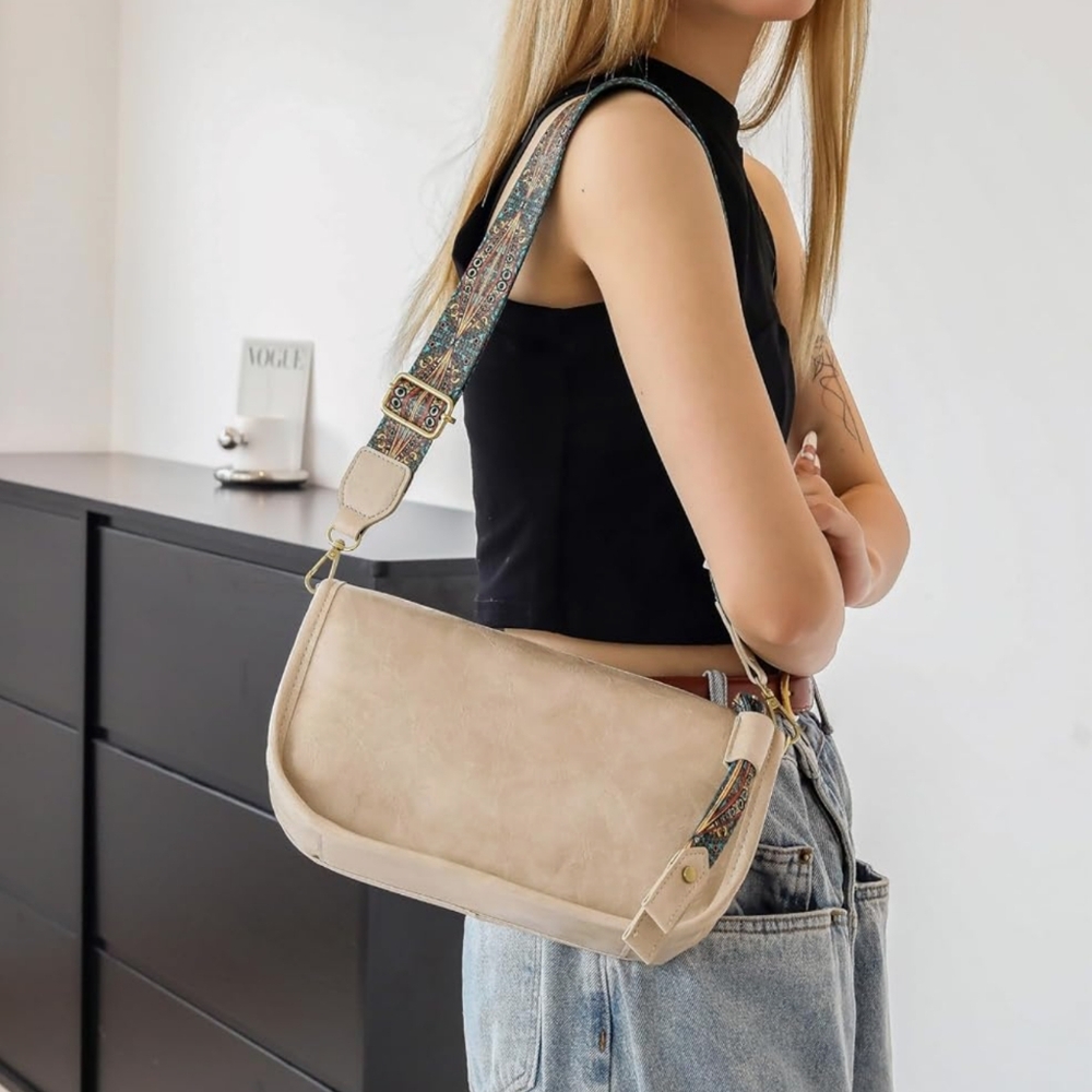 Brown Faux Leather Shoulder Bag with Retro Patterned Strap, Tribal, Aztec,Guitar - Picture 12 of 12